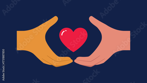Flat vector two open hands holding a glowing heart, warm minimal compassion artwork. World Kindness Day