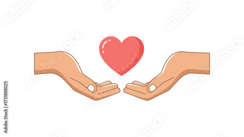 Flat vector two open hands holding a glowing heart, warm minimal compassion artwork. World Kindness Day