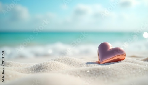 Fototapeta Naklejka Na Ścianę i Meble -  Metallic Pink Heart Resting on White Sand Beach with Turquoise Water