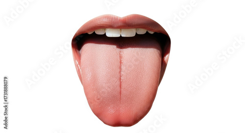 Isolated mouth with tongue out, teeth visible and open, in healthy condition for examination
