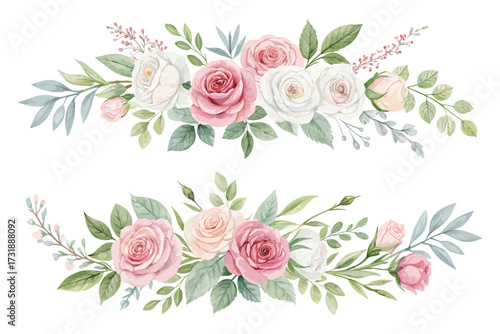 Watercolor Floral Border with Pink and White Roses vector illustration 