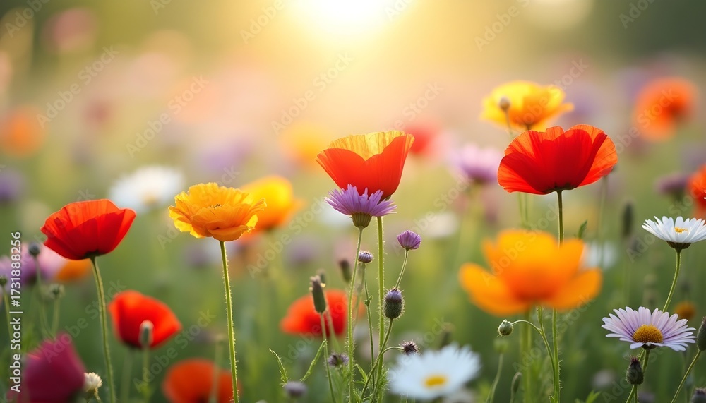 Fototapeta premium Colorful Wildflowers Blooming in Warm Sunset Light, Nature Photography
