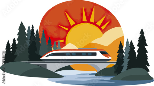 Train crossing bridge in forest at sunrise