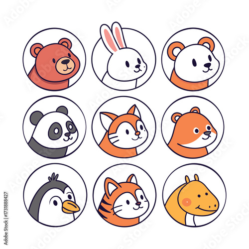 Collection of nine adorable hand drawn cartoon animal portraits in circular frames featuring a bear panda fox rabbit penguin and hippo for children s illustrations and designs