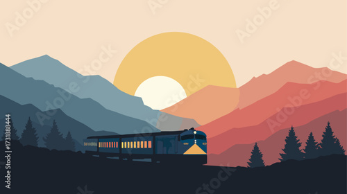 Train traveling through mountains at sunrise
