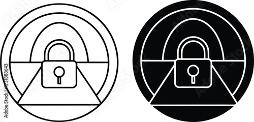 Security Padlock Icon with Wi- Fi Signal Waves and Circular Border wifi
