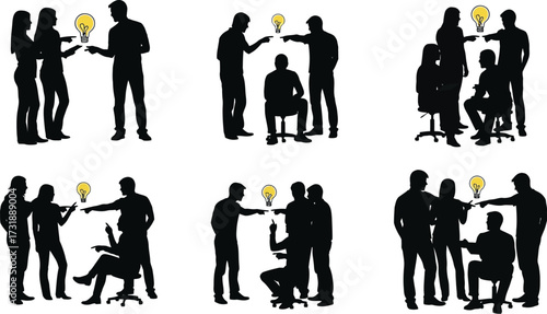 Silhouette of people having a brainstorming session with light bulb concept of teamwork and idea generation