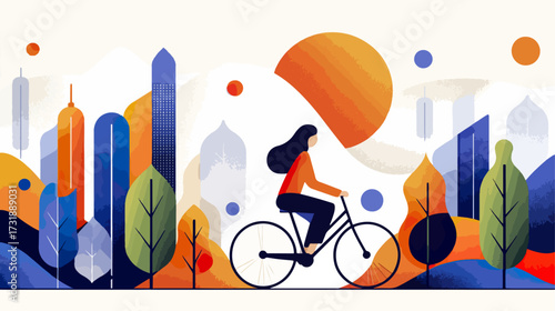 Woman biking in cityscape illustration