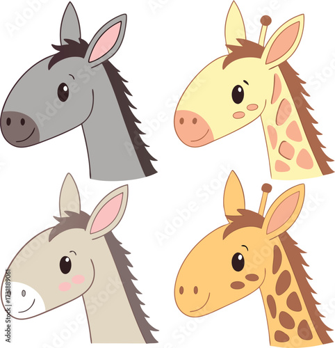 Four adorable cartoon animal heads featuring two friendly donkeys and two cheerful giraffes with distinctive markings and playful expressions against a white background