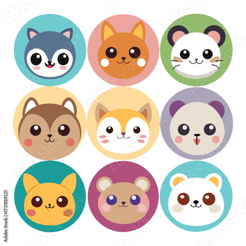 Collection of nine adorable kawaii style cartoon animal faces including squirrel fox hamster bear and panda perfect for childrens designs