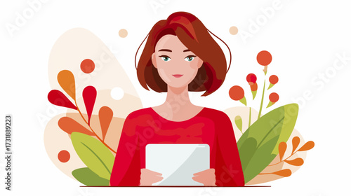 Woman holding tablet autumnal design