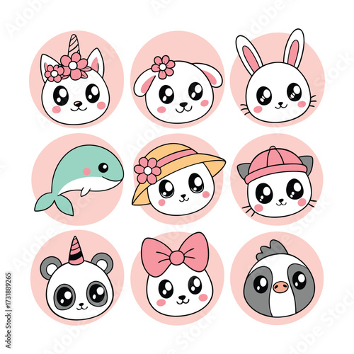 Collection of nine adorable kawaii animal faces including a unicorn cat dog bunny dolphin girl panda and more with large expressive eyes and soft pink backgrounds