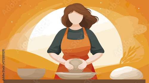 Woman kneading dough indoor scene