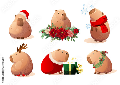 Set of Christmas capibaras on a white background. Cartoon animal design. Vector.
