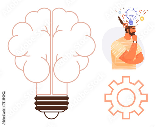 Brain-shaped light bulb, person in deep thought with ideas above head, gear symbolizing problem-solving. Ideal for innovation, brainstorming, creativity, analysis, ideas, intelligence concept