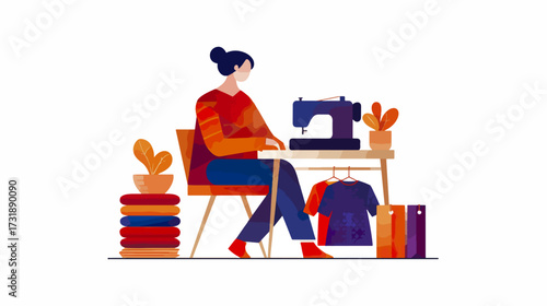 Woman sewing clothes at table