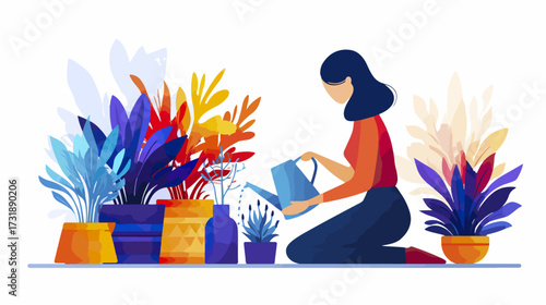Woman watering plants indoors