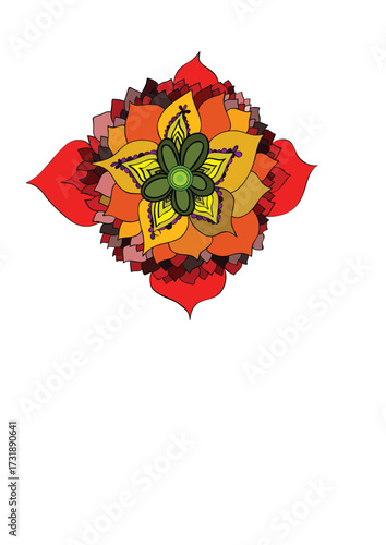 An illustration of a beautiful heart of roses and other flowers decorated with colorful autumn leaves of maple on a white background