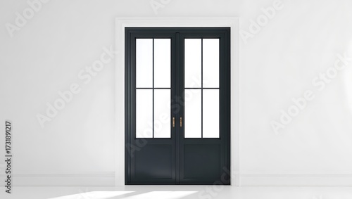 Modern black aluminum double door with sleek glass panels, showcasing contemporary architecture and minimalist style. Perfect for residential entrance design, urban building facades, durable elegant.