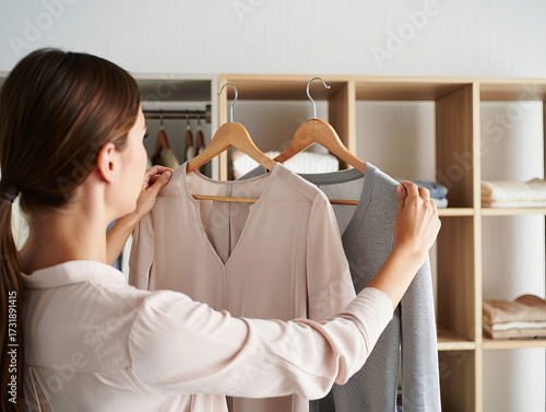 Woman choosing between two outfits in organized oak closet 

