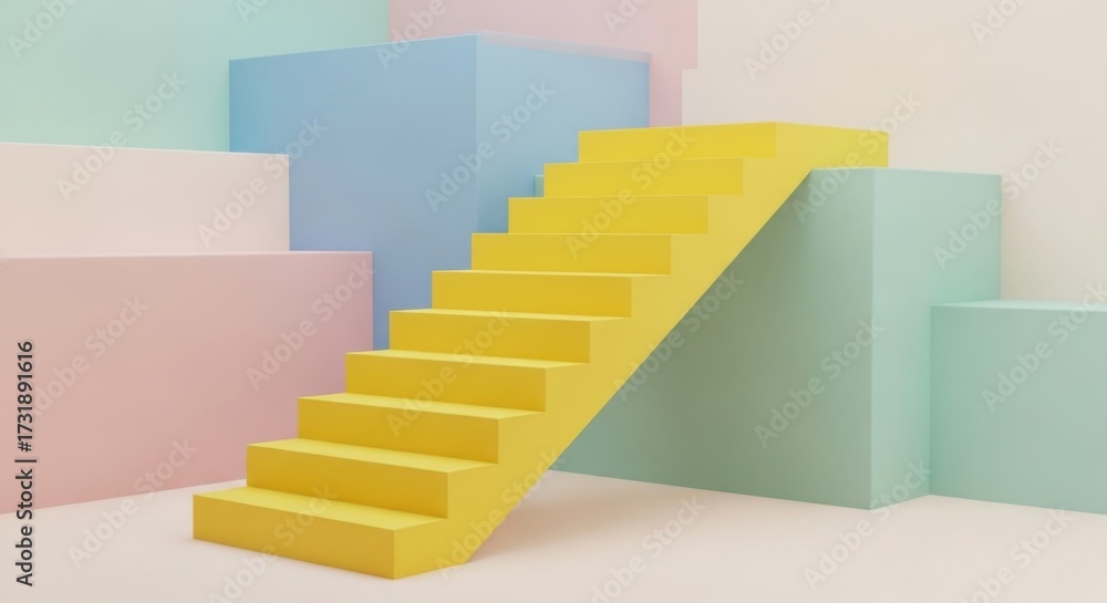 Obraz premium Vibrant geometric stairway composition with pastel backdrop elements for creative concept