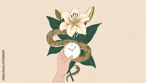 Golden snake wrapped around flowers and clock