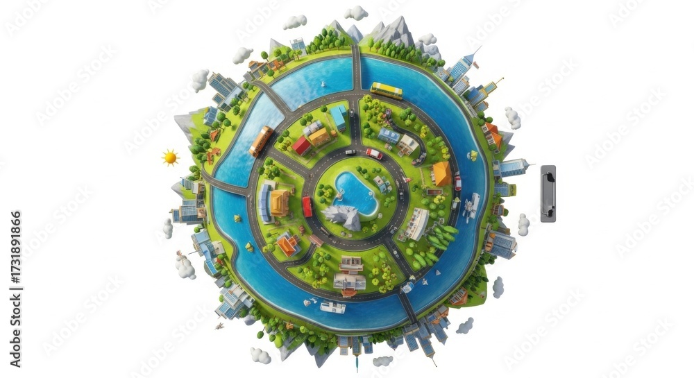 Obraz premium Compact world simulation with transportation network and ecological harmony