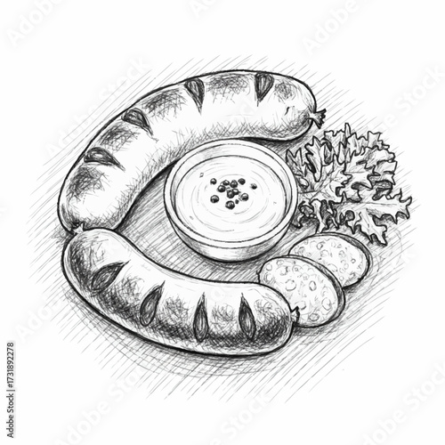 Pencil drawing of grilled sausages served with a creamy dipping sauce, lettuce, and sliced potatoes, a savory meal illustration.

