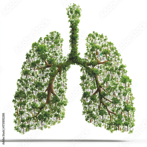 Creative eco-concept illustration of a tree shaped like human lungs, representing the connection between nature, forests, and healthy breathing. Vector illustration
