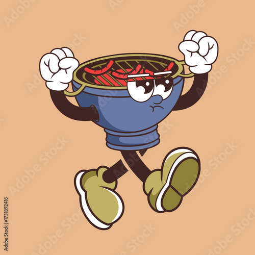 Retro character design of angry barbecue grill