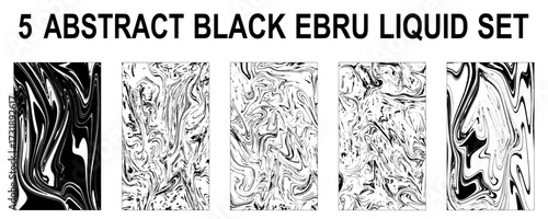 Set Ink texture of 5 traditional Turkish ebru illustration. Watercolor hand drawn artistic marbling invitation. Abstract background prints.