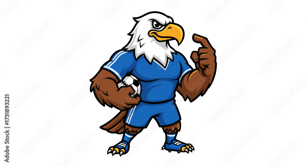 Naklejka premium Cartoon eagle mascot in soccer uniform holding a ball with determination gaze
