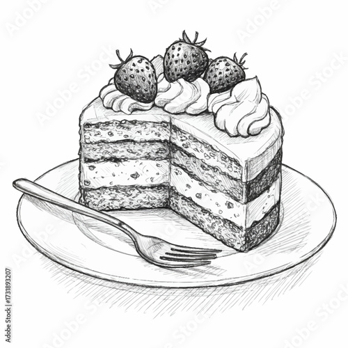 Delightful pencil drawing of a generously sliced layered cake adorned with fresh strawberries and rich whipped cream, served with a fork.
