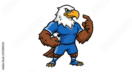 Cartoon eagle mascot in soccer uniform holding a ball with determination gaze