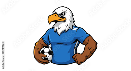 Illustrative cartoon eagle mascot athlete in blue jersey holding a soccer ball with determination