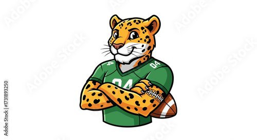 Cartoon jaguar character wearing a football uniform with a confident pose and determined