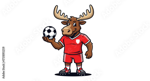 Funny moose cartoon character playing soccer wearing sport outfit isolated on white background