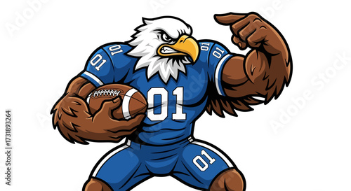 Eagle football mascot cartoon, wearing blue uniform with number 01, holding a ball and pointing,