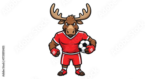Moose Mascot Soccer Player Cartoon Character Standing Proudly in Sports Gear with a Football