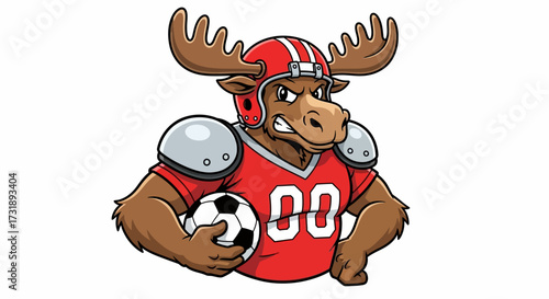 Cartoon moose character with football gear holding a soccer ball ready to play the game