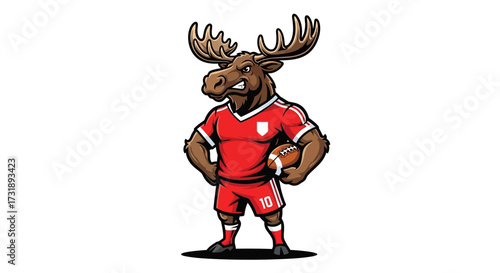 Mascot illustration of a strong moose athlete wearing a red uniform and holding a football