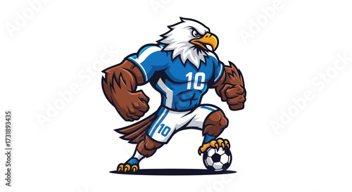 Cartoon eagle soccer player mascot with a determined expression and football uniform
