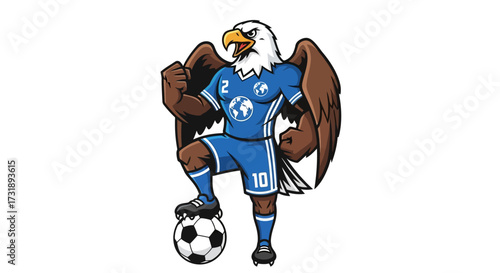 Mascot logo of an eagle in soccer uniform stepping on a soccer ball character design