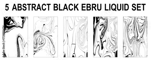 Set of abstract backgrounds. Ink marbling textures. Black and white. Hand drawn marble illustrations, ebru aqua paper and silk prints. Traditional Turkish ebru technique. Painting on water. stock illu