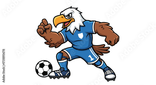 Eagle Mascot Cartoon Character Playing Soccer with Passion and Determination for Victory