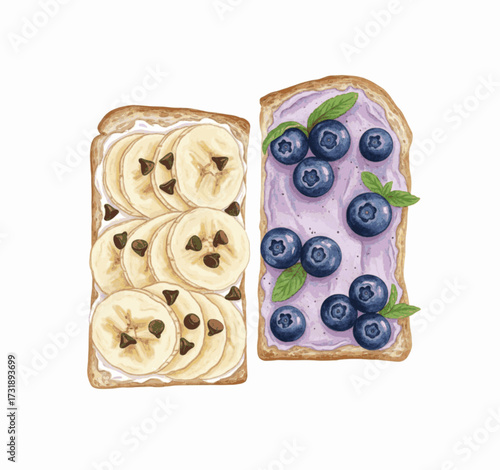 Golden & Blue Banana and Blueberry Toast isolated watercolor vector illustration svg