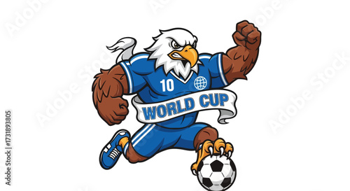 Eagle mascot cartoon character playing soccer and celebrating the world cup victory with