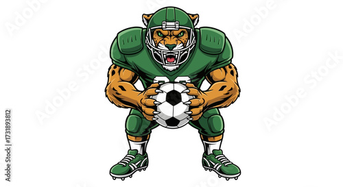 Cartoon jaguar mascot dressed in american football gear holding a soccer ball