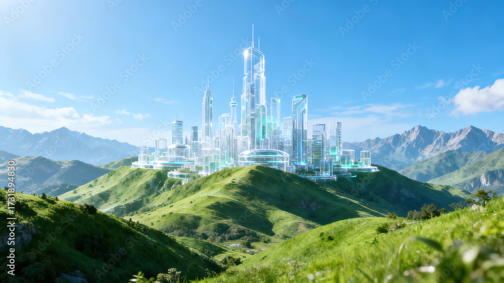 Fototapeta premium Green Mountain Future Tech Eco-City Landscape
