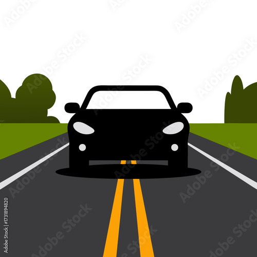 Vector illustration of a black car silhouette on a highway, front view, driving on a paved two-lane road with markings against a green landscape in a flat design style on a transparent background.